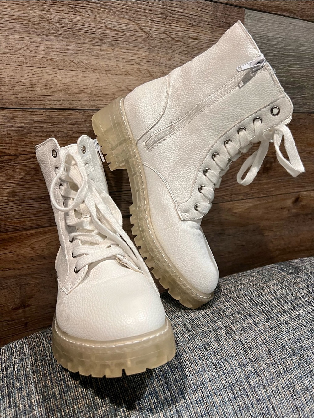 Sugar Cream Lace-Up Combat Boots with Clear Lug Sole 7